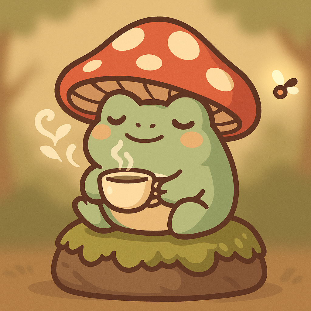 Our frog mascot enjoying tea under a mushroom cap